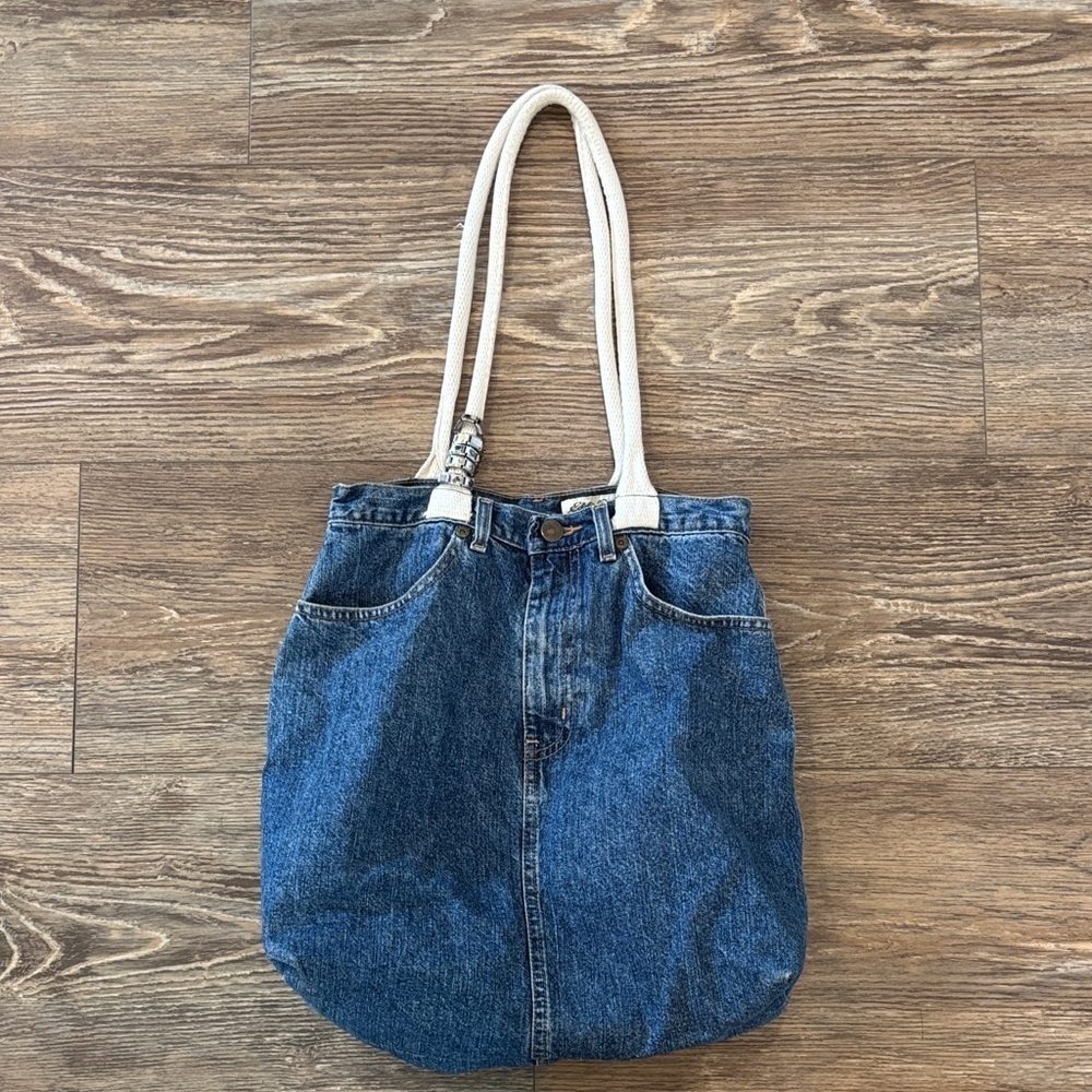 Upcycled Denim Tote Bag with White Straps using Eddie Bauer Jeans